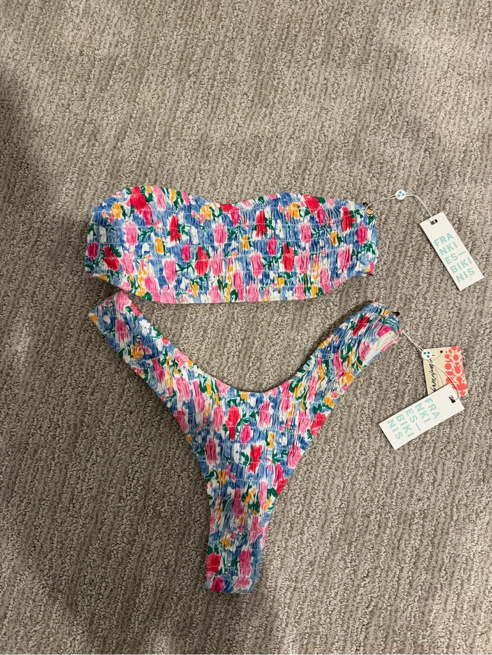 Frankie's Bikinis Multicolor Floral Bandeau Bikini — Pink, Blue, Green, Yellow
